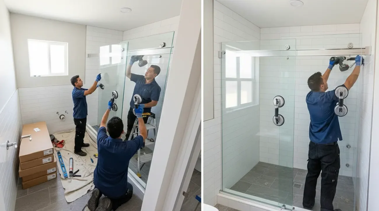 Installers aligning a glass shower enclosure panel with suction cups to avoid common installation mistakes.