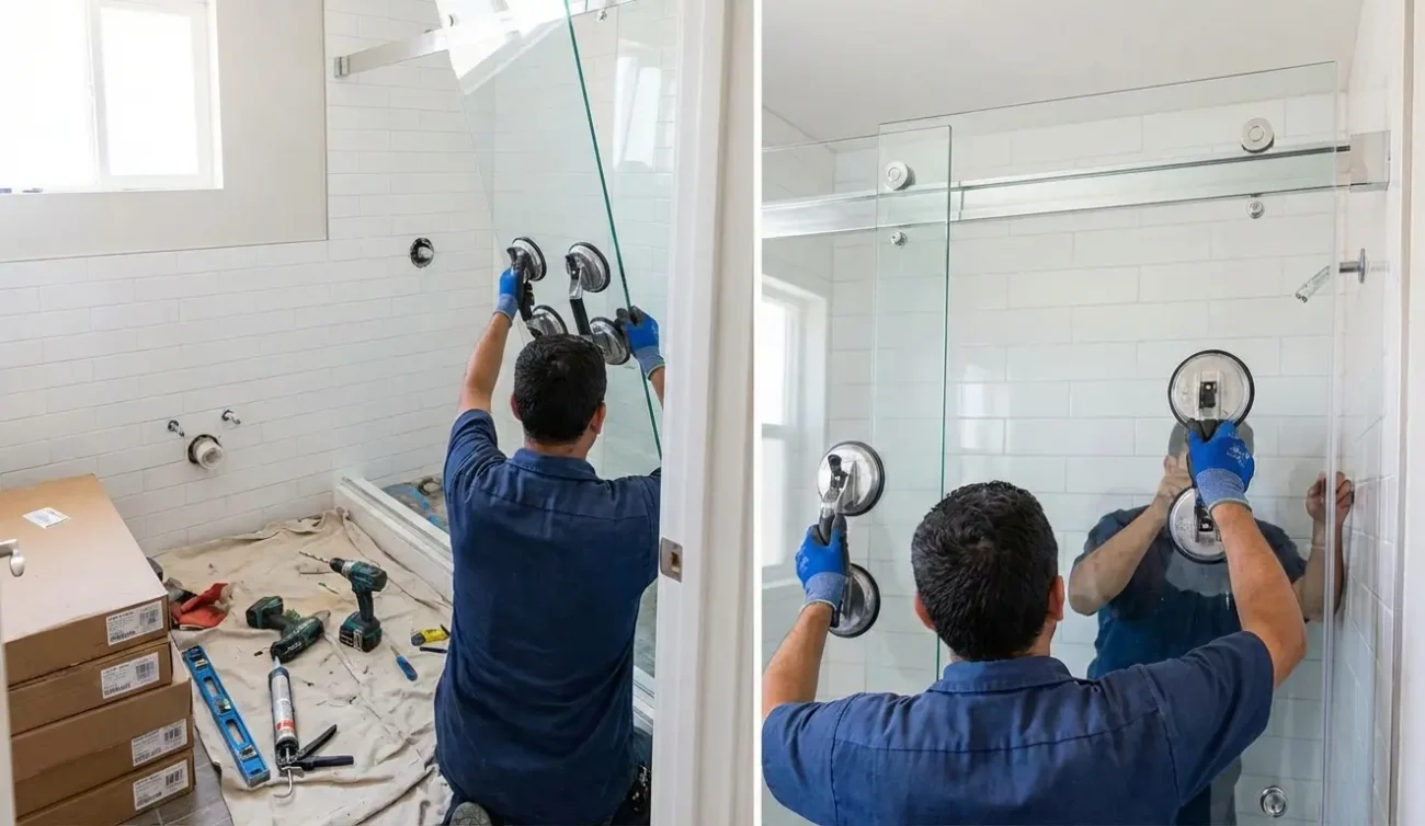 Installer positioning a glass shower enclosure panel with suction cups in a white-tiled shower.