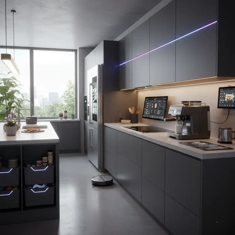 Smart kitchen renovation with connected appliances, touchscreen displays, and under-cabinet lighting in a modern kitchen.