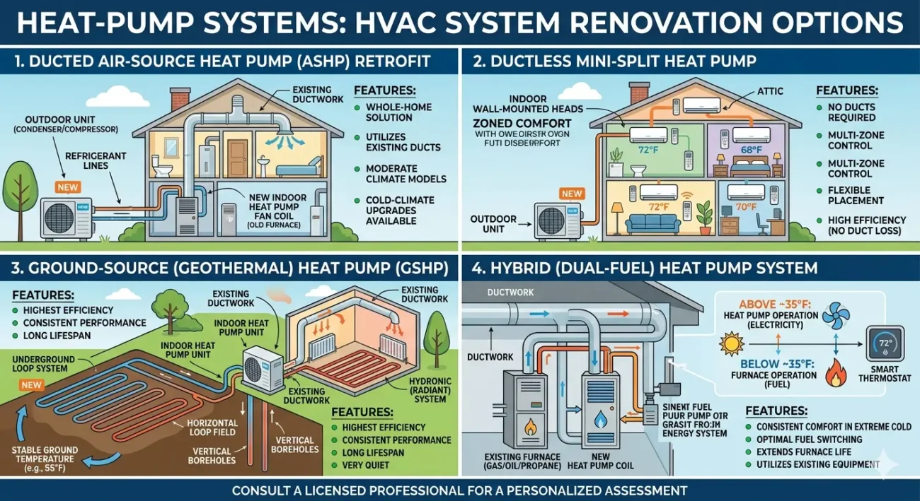 Illustration of heat pump systems including ducted air-source, ductless mini-split, geothermal, and hybrid systems for HVAC system renovation.