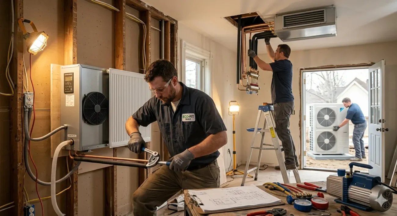 Infographic showing HVAC system renovation options including ductless heat pump, hybrid system, geothermal system, and high-velocity AC installation.