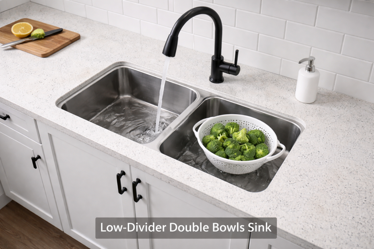 Low divider double bowl kitchen sink design with modern faucet and dual basin functionality