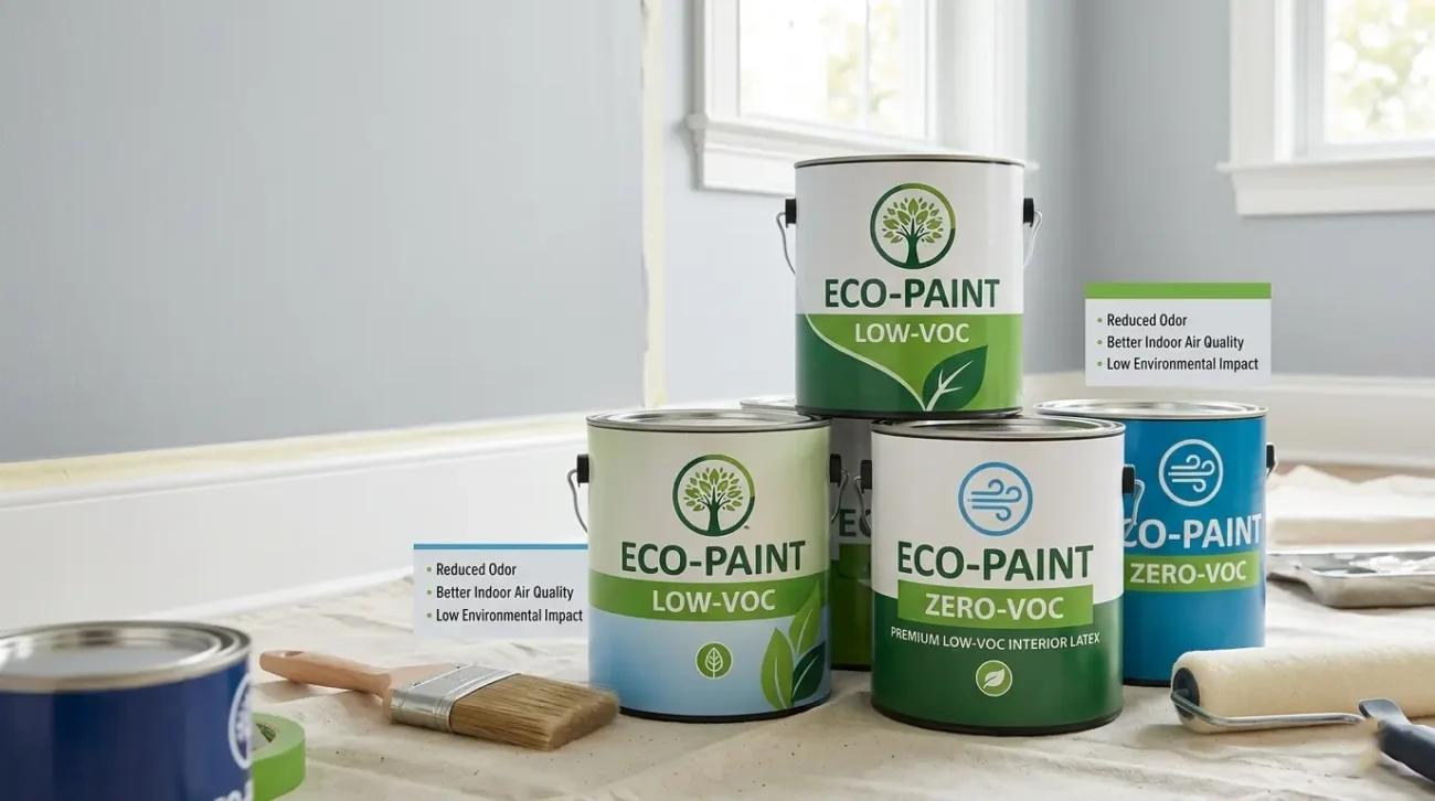 Low-VOC and zero-VOC paint cans with brushes and rollers for eco-friendly interior wall painting