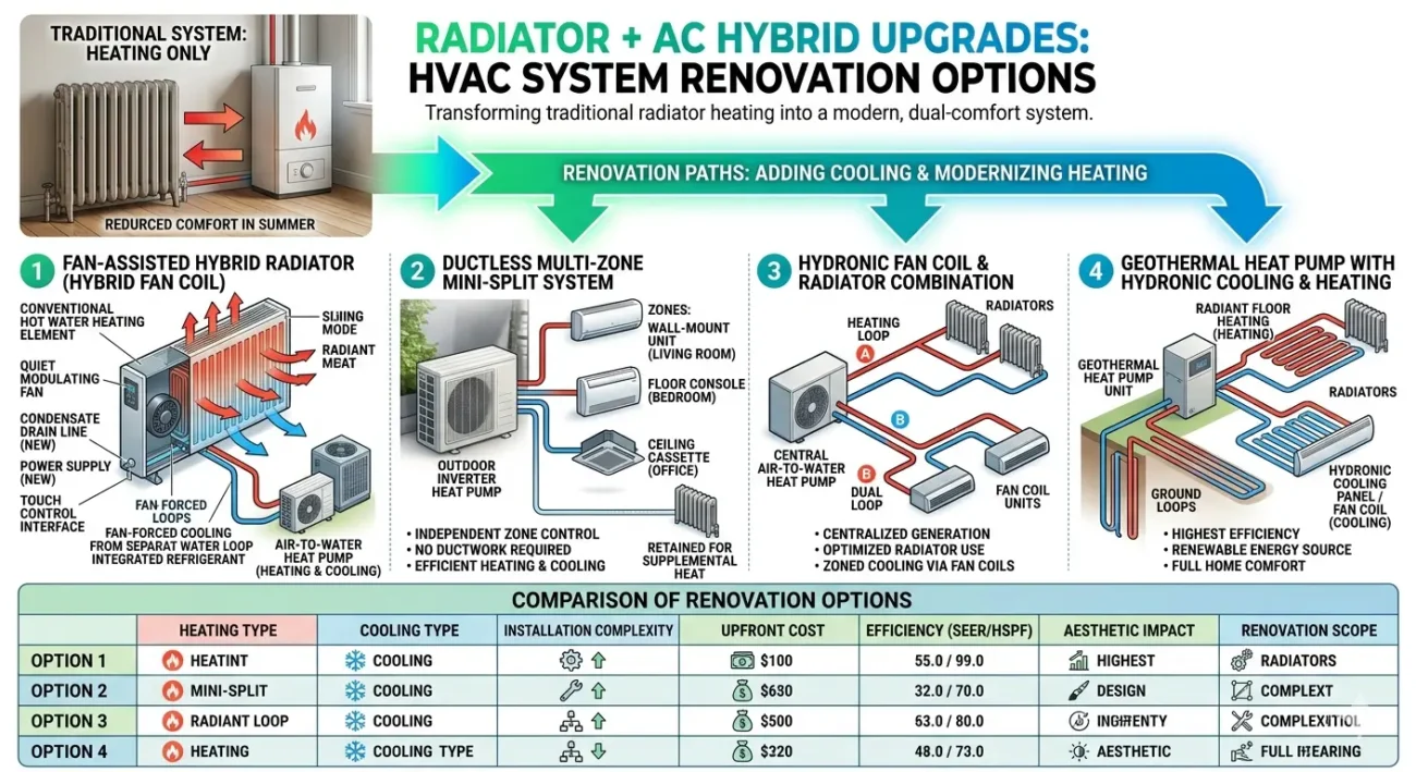 Diagram of radiator and AC hybrid upgrade options including fan coil radiators, mini-split systems, hydronic systems, and geothermal heat pumps for HVAC system renovation.