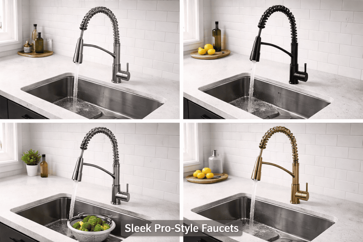 Sleek pro style faucets kitchen sink design with pull down spray in modern finishes
