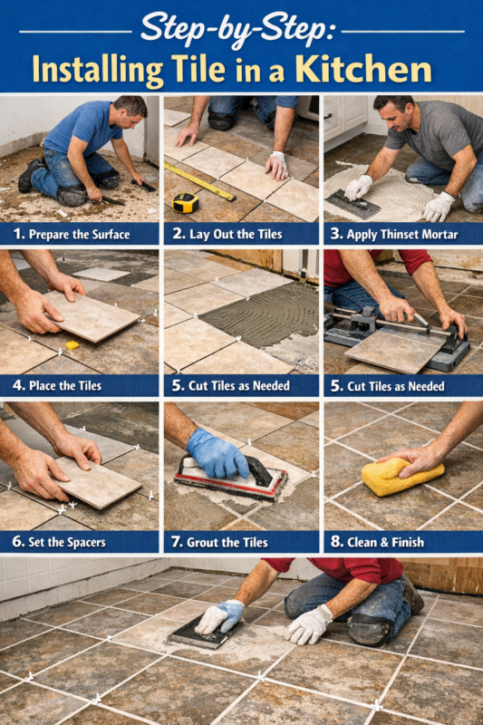 Step-by-step kitchen floor installation showing tile layout, mortar application, cutting tiles, grouting, and finishing process