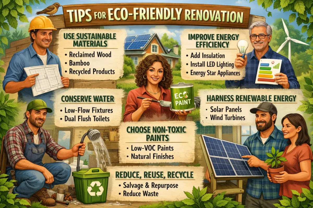 Illustrated eco-friendly renovation tips guide showing sustainable materials, energy efficiency, water conservation, non-toxic paints, and renewable energy