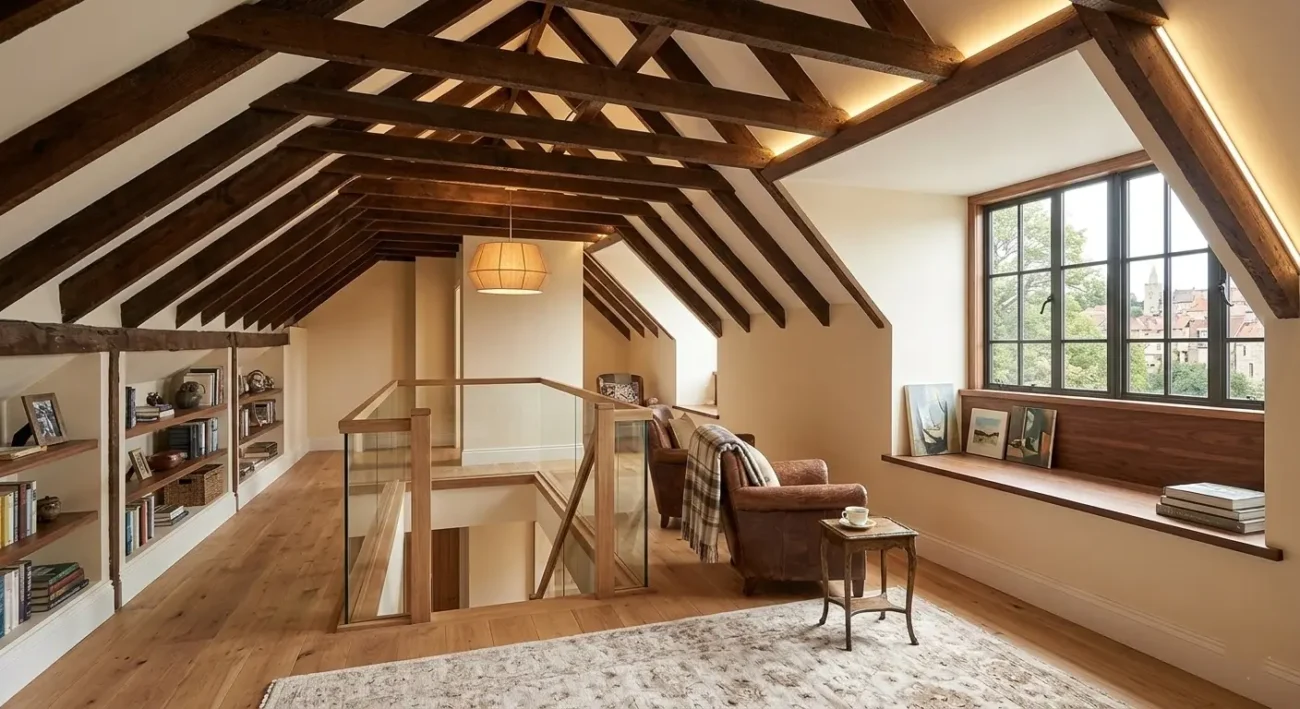 Modern attic conversion interior with exposed beams, lounge seating, and built-in storage