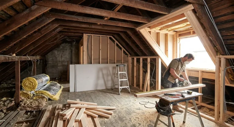Attic conversion in progress with timber framing, insulation, and a contractor cutting wood