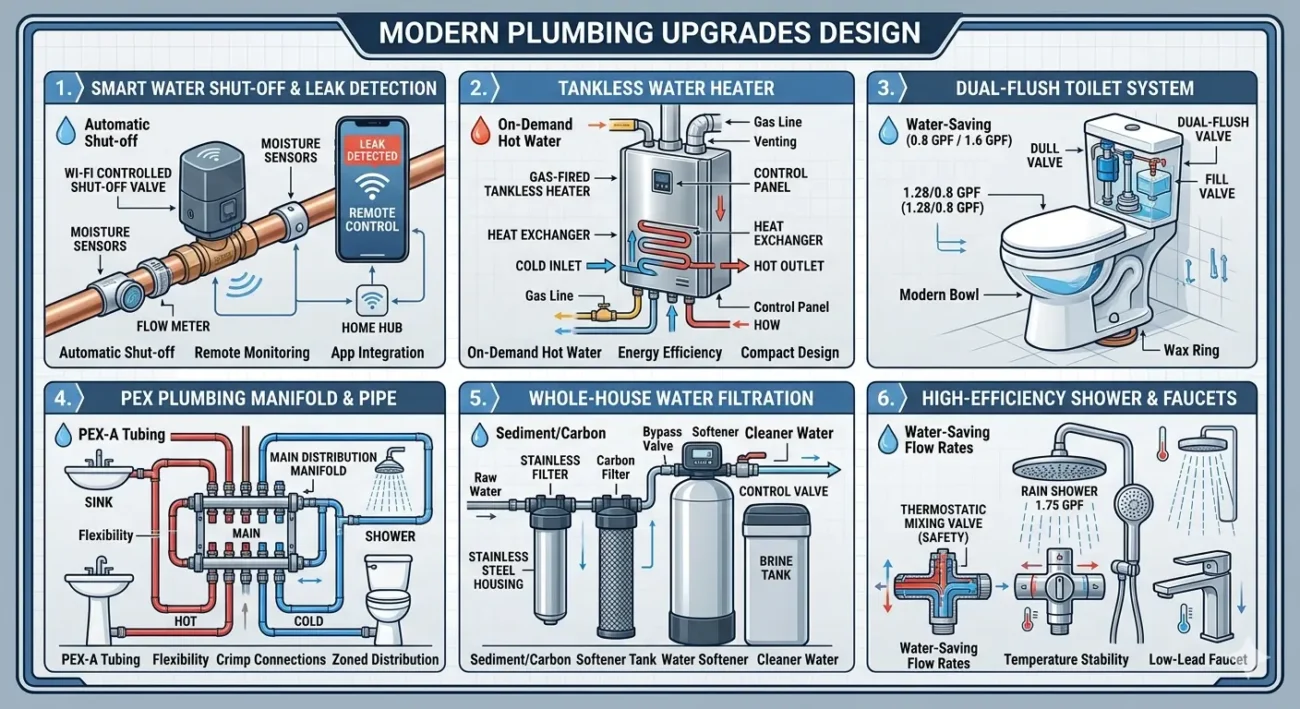 Infographic of bathroom plumbing upgrades including smart water shut-off, tankless water heater, dual-flush toilet, PEX piping, filtration system, and efficient shower fixtures.