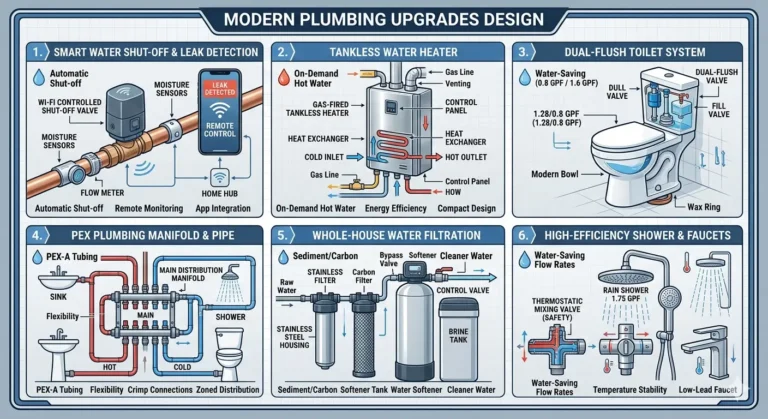 Infographic of bathroom plumbing upgrades including smart water shut-off, tankless water heater, dual-flush toilet, PEX piping, filtration system, and efficient shower fixtures.