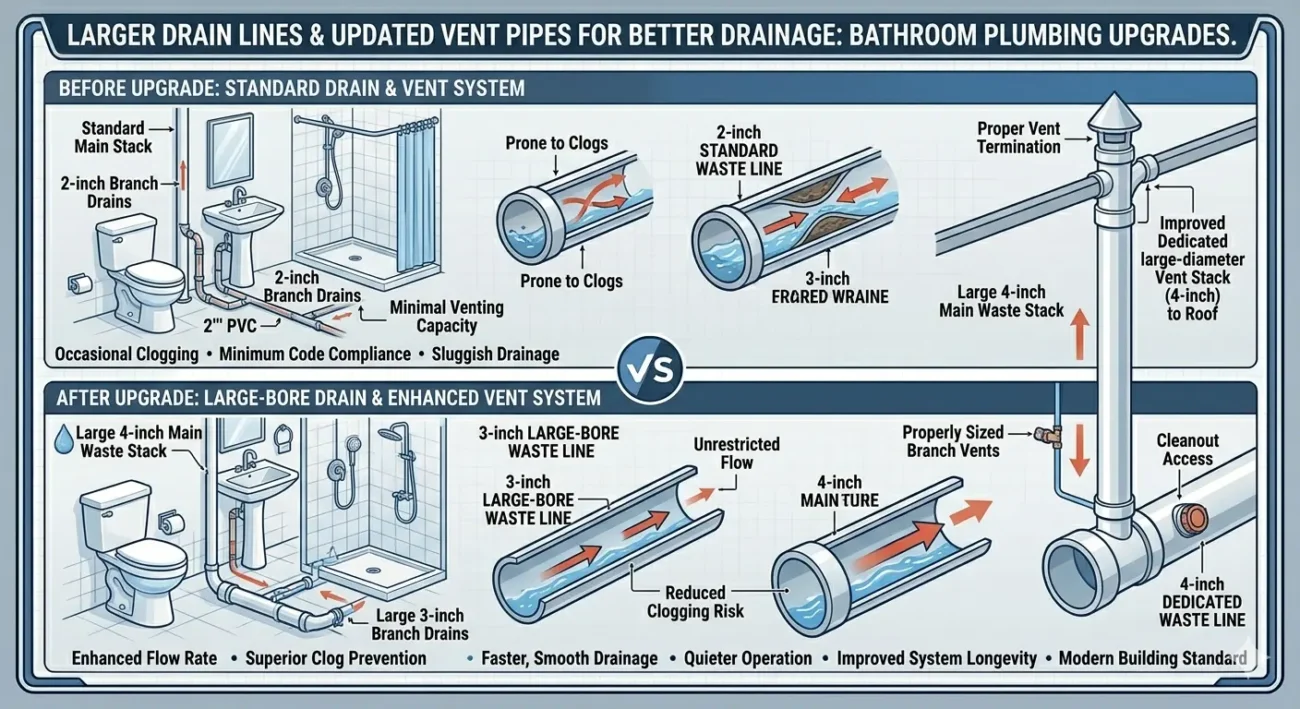Comparison of upgraded bathroom plumbing with larger drain lines and improved vent pipes for better drainage and clog prevention.