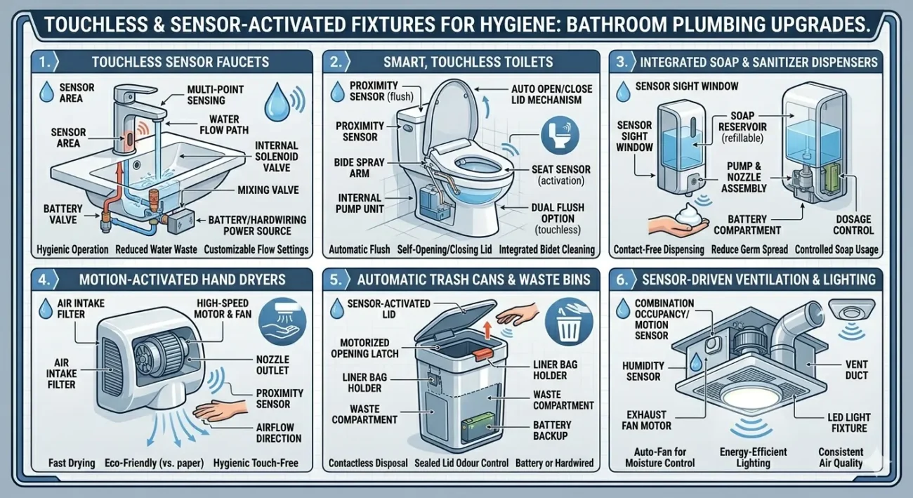 Infographic of touchless bathroom fixtures including sensor faucets, smart toilets, automatic soap dispensers, hand dryers, trash cans, and ventilation systems.