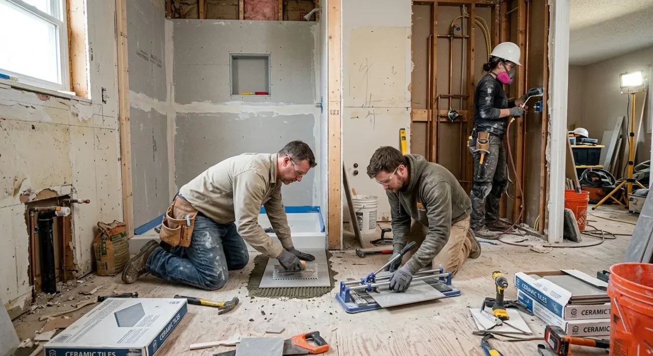 Contractors working on bathtub renovation with tile installation and plumbing upgrades during a bathtub vs shower bathroom remodel.
