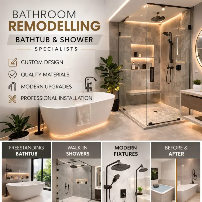 Modern bathroom remodeling with freestanding bathtub and walk-in shower comparison for bathtub vs shower renovation ideas.