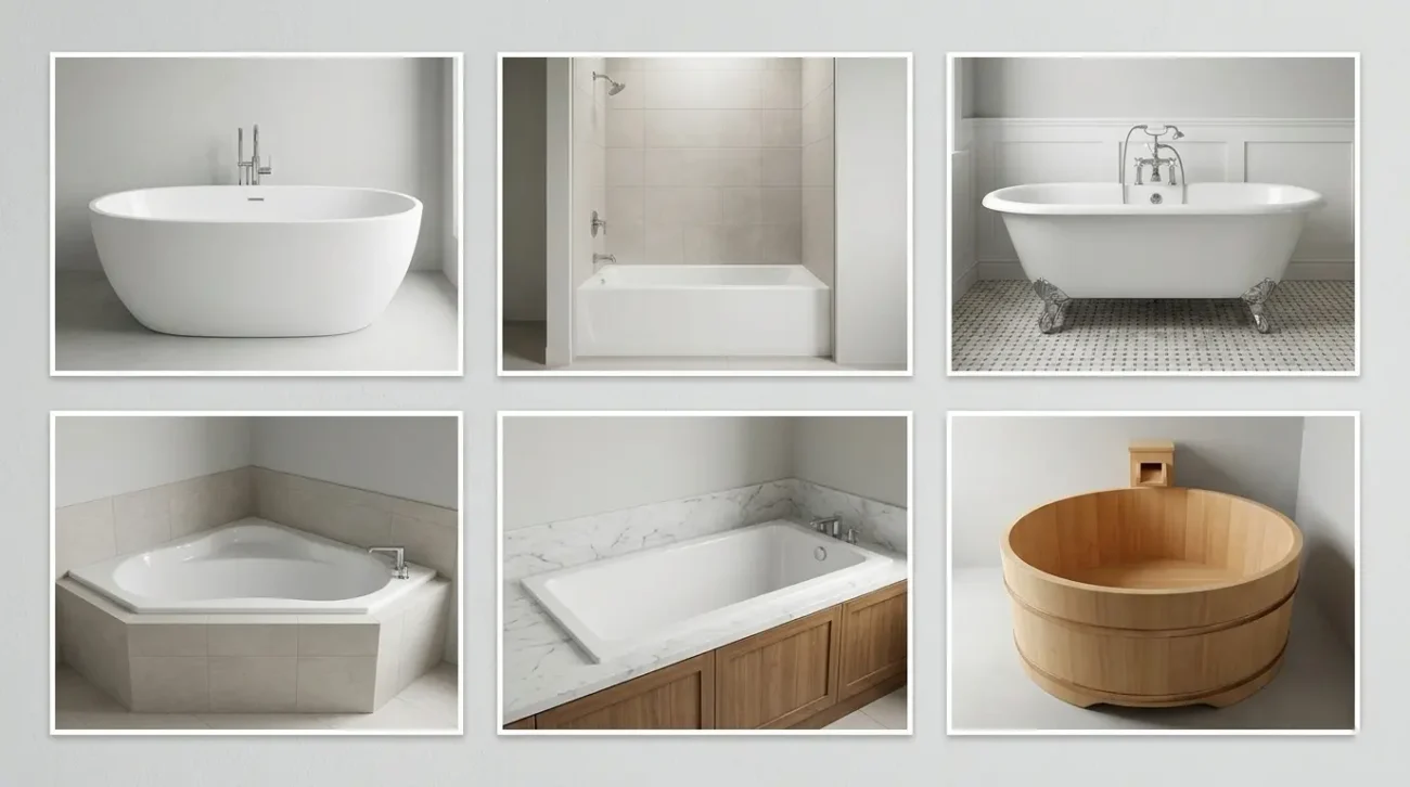 Collection of bathtub design types including freestanding, alcove, clawfoot, corner, drop-in, and wooden soaking tubs for bathtub vs shower comparison.