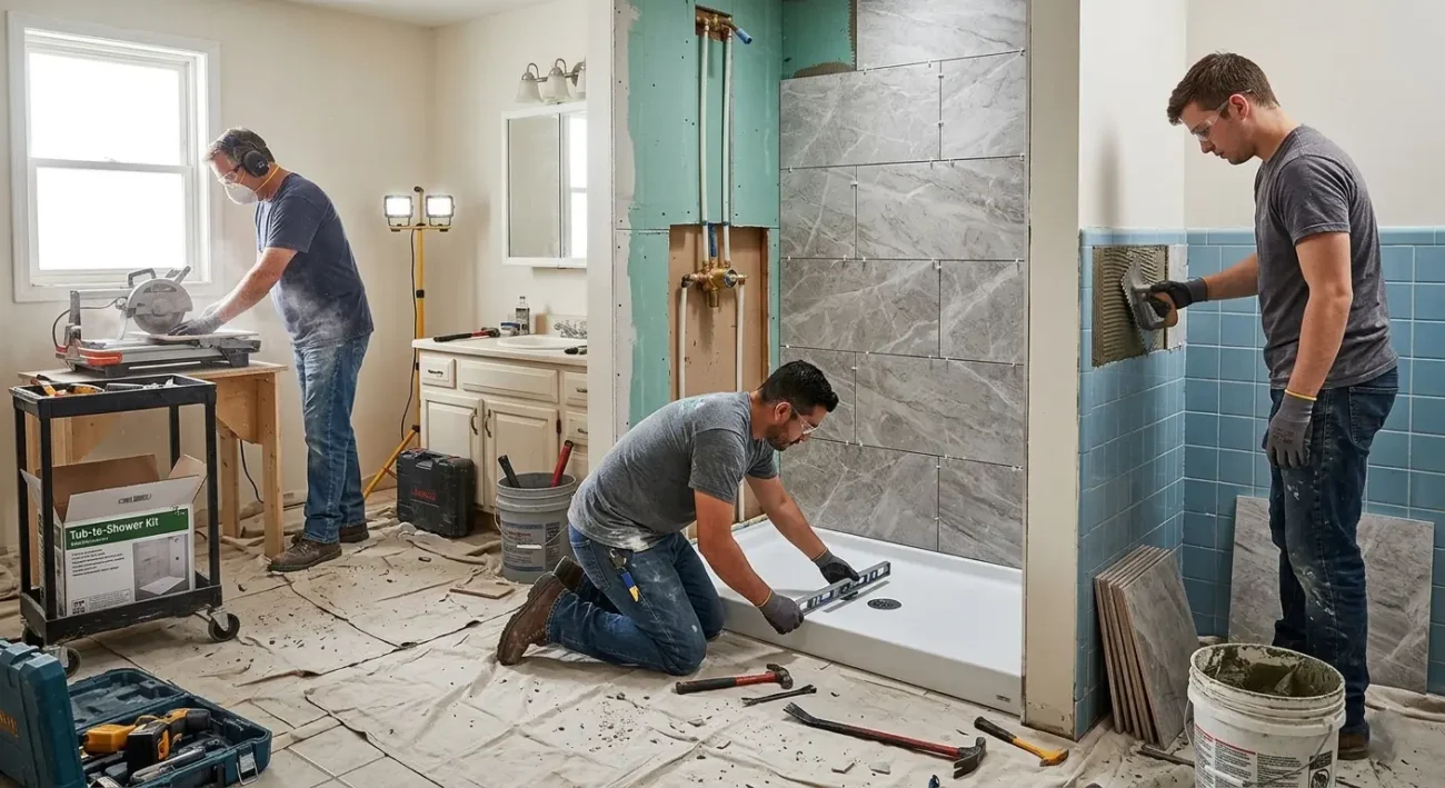Contractors completing a tub to shower conversion with tile installation and shower base fitting for a bathtub vs shower bathroom remodel.