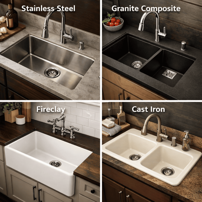 Common kitchen sink materials comparison featuring stainless steel, granite composite, fireclay, and cast iron in modern kitchen sink design