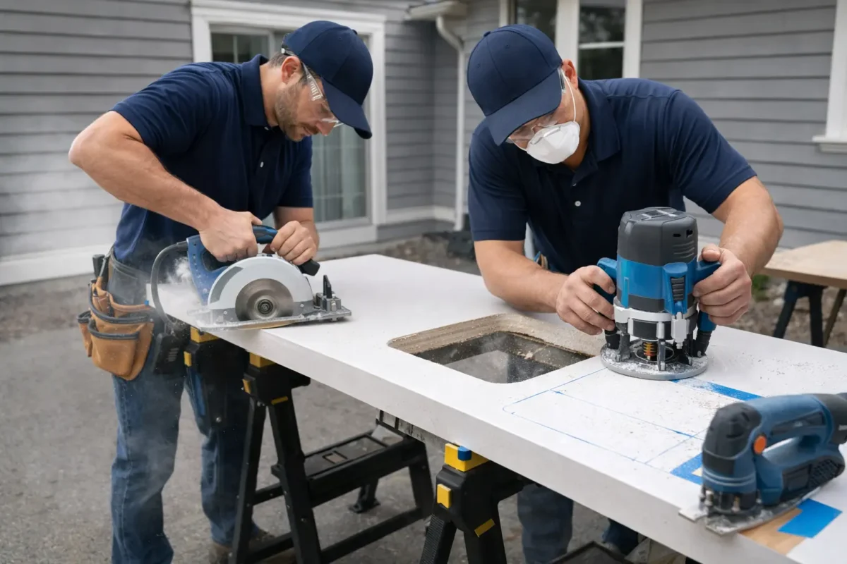 Workers performing countertop installation cutting and cutouts including straight cuts sink holes and cooktop openings