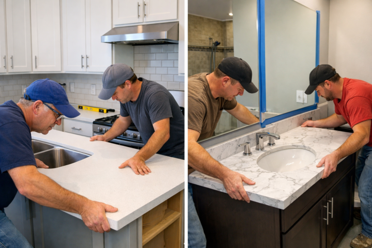 Workers performing countertop installation in kitchen and bathroom side by side, showing professional countertop installation process