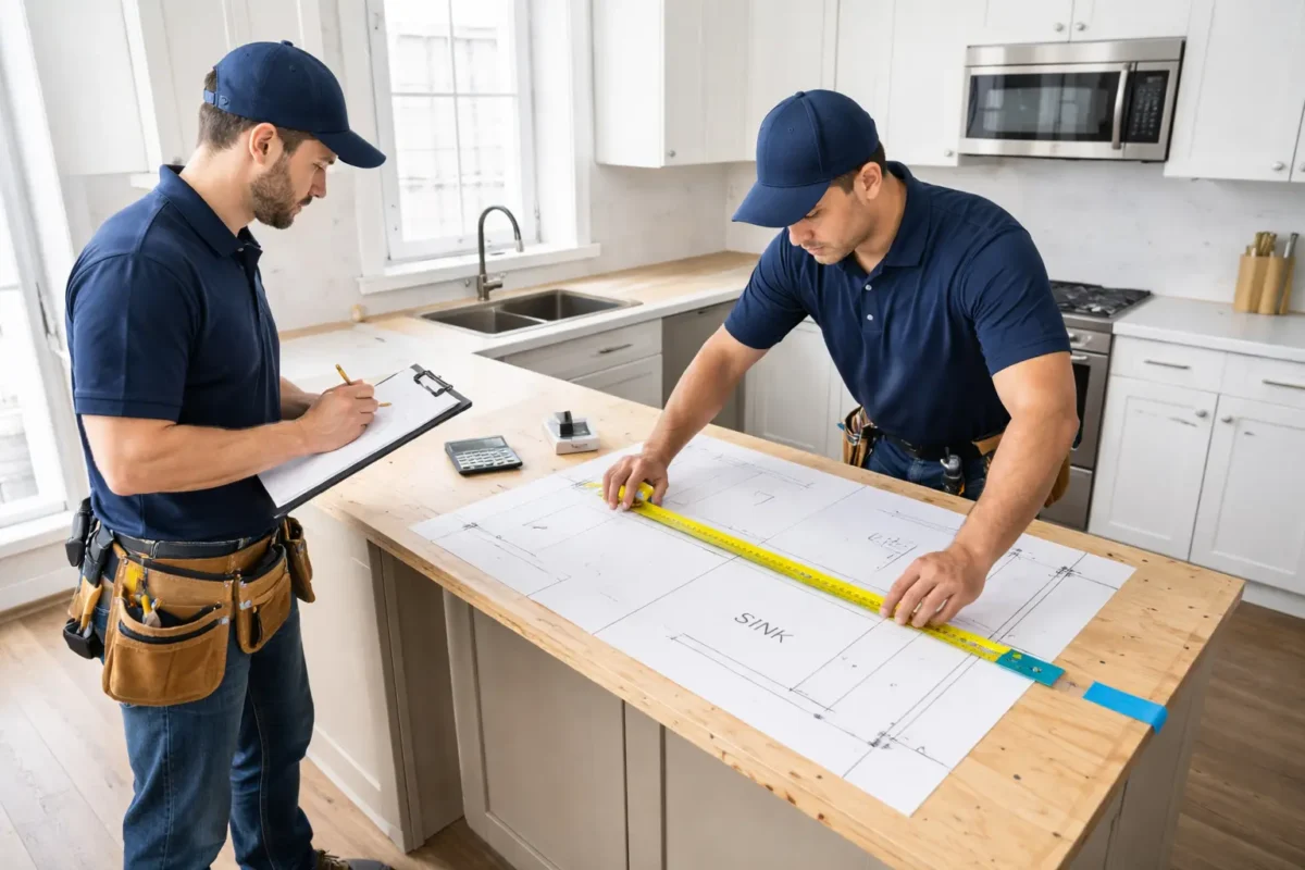 Workers performing countertop installation measurement and layout in a modern kitchen using measuring tape and template