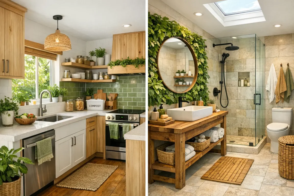 Eco-friendly kitchen and bathroom renovation with natural materials, plants, and sustainable interior design