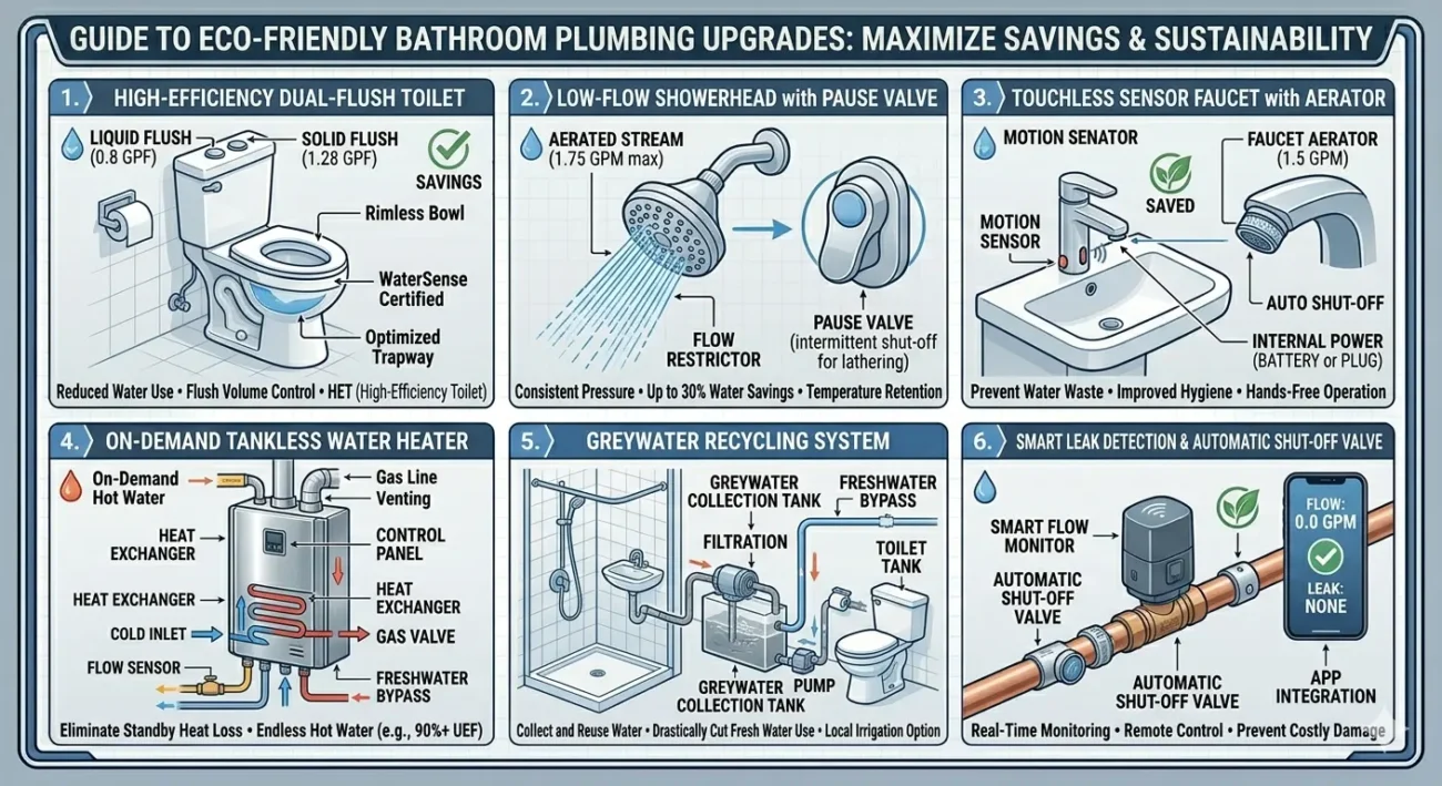 Infographic of eco friendly bathroom plumbing upgrades including dual flush toilet, low flow showerhead, touchless faucet, tankless water heater, greywater system, and leak detection.