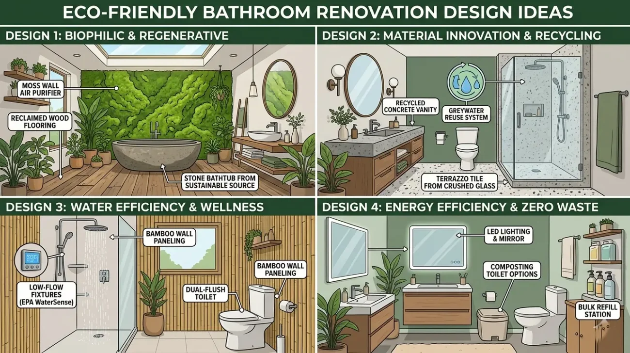 Infographic of eco friendly bathroom renovation design types including biophilic design, recycled materials, water efficiency, and zero waste solutions.
