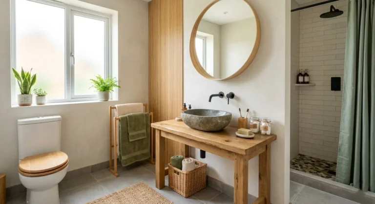 Eco friendly bathroom with natural wood vanity, stone sink, indoor plants, and walk-in shower for sustainable bathroom renovation ideas.
