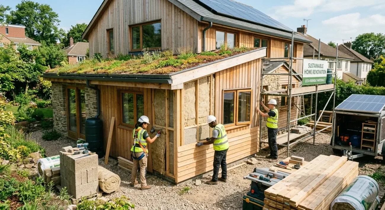 Workers carrying out an eco-friendly renovation on a sustainable home with natural materials and green roof