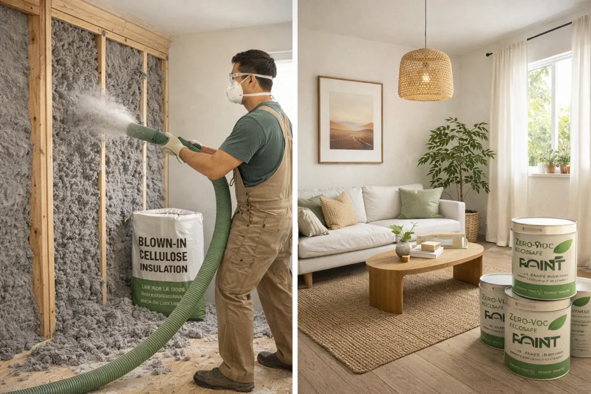 Eco-friendly renovation using blown-in cellulose insulation and zero-VOC paint finishes in a sustainable home