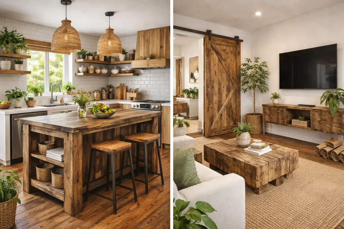 Eco-friendly renovation featuring reclaimed wood materials in a sustainable kitchen and living room interior