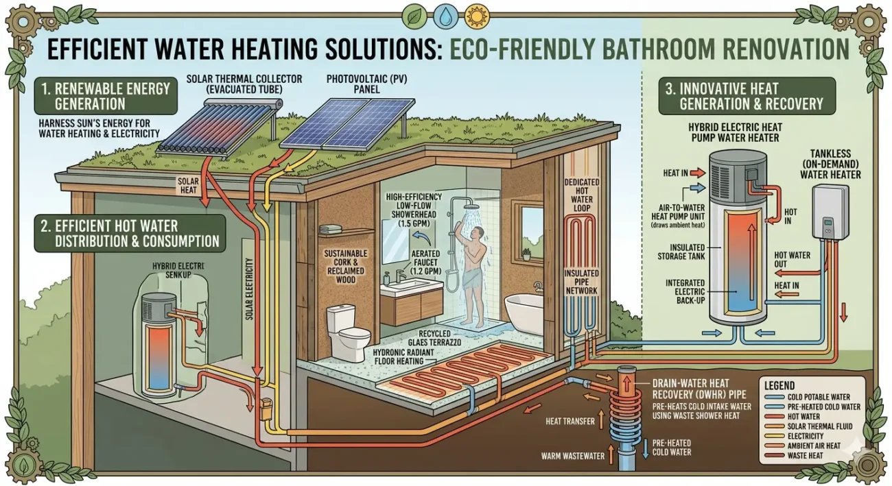 Diagram of efficient water heating solutions including solar panels, heat pump water heater, tankless system, and heat recovery for eco friendly bathroom renovation.
