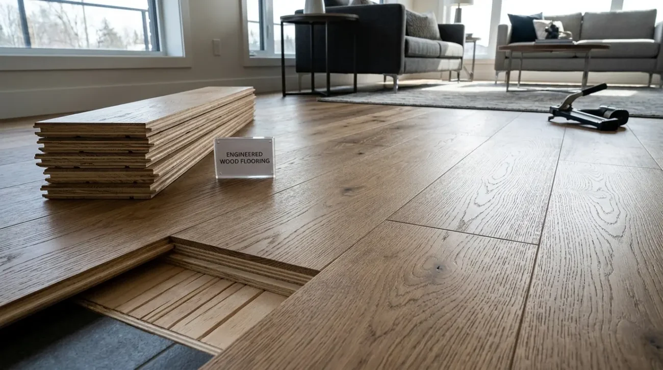 Engineered wood flooring installed in a modern living room with sample planks and installation tools