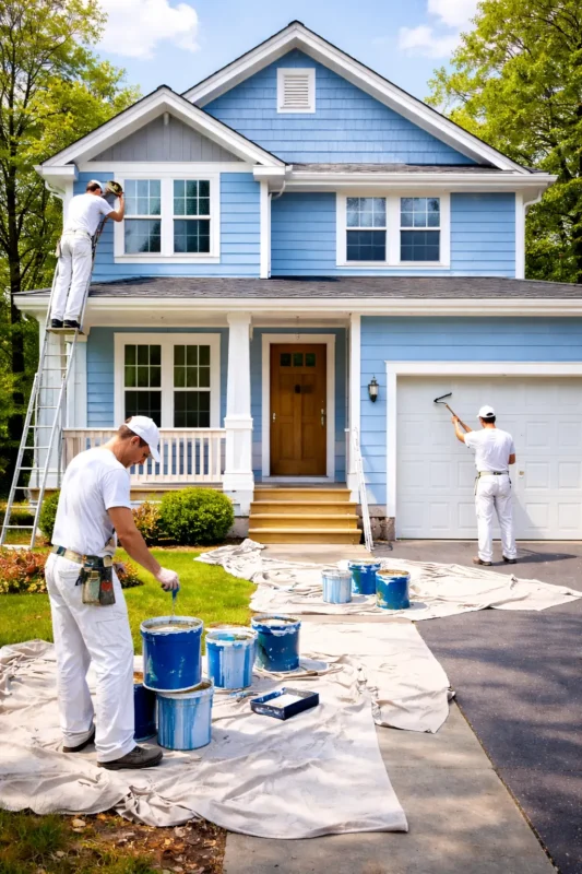 Professional painters completing exterior wall painting on a blue house with rollers, ladders, and paint buckets