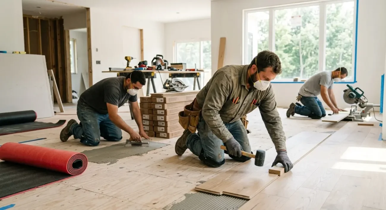 Flooring contractors installing wood plank flooring during apartment renovation in Brooklyn