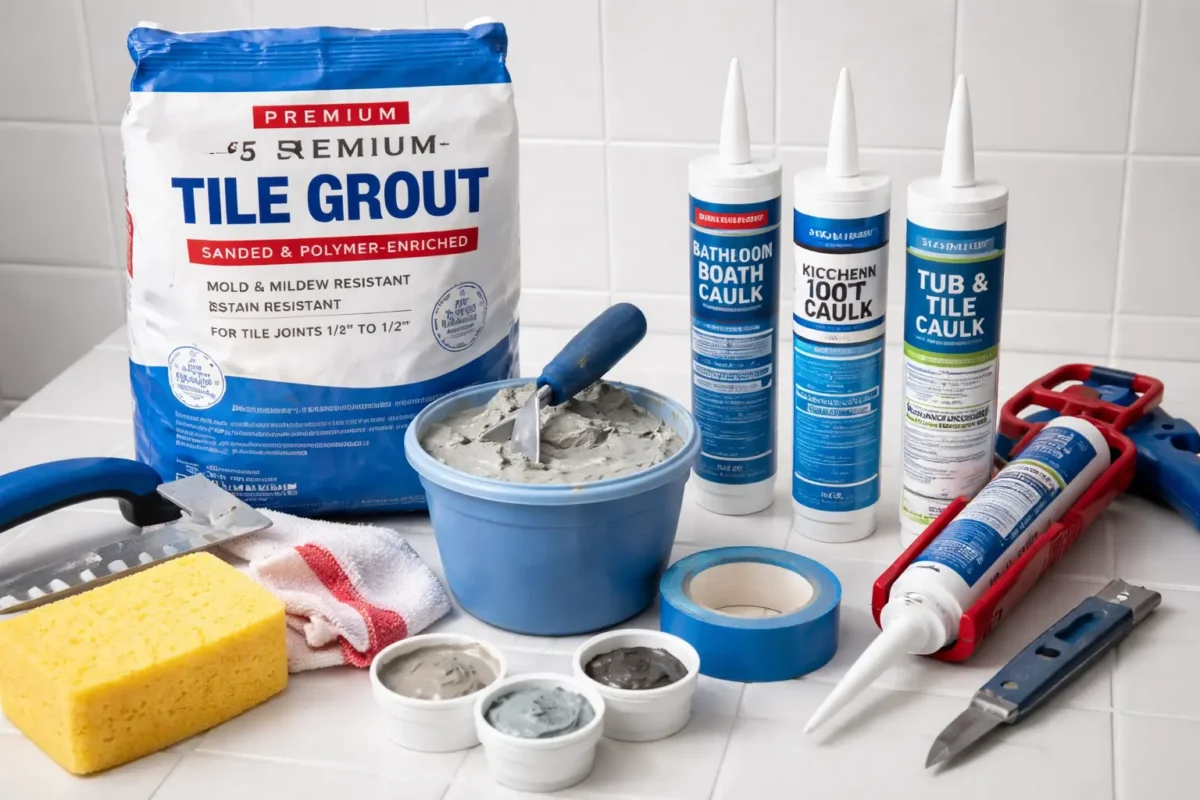 Bathroom remodeling supplies including tile grout, caulk tubes, caulking gun, sponge, and grout tools arranged on a tiled surface