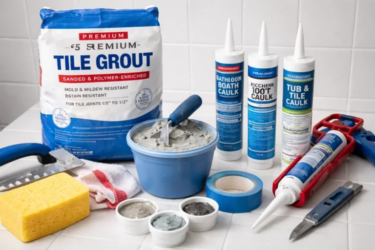 Bathroom remodeling supplies including tile grout, caulk tubes, caulking gun, sponge, and grout tools arranged on a tiled surface