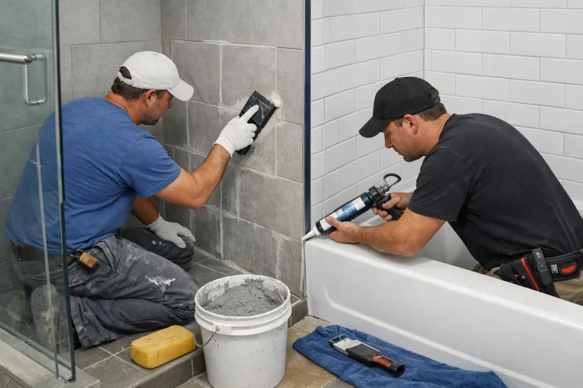 Workers using grout or caulk during bathroom remodelling, with one applying grout to shower tiles and another sealing the bathtub edge with caulk