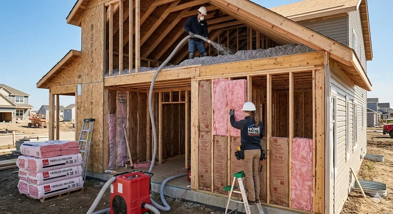 Home insulation installation process with workers fitting fiberglass wall insulation and blown attic insulation