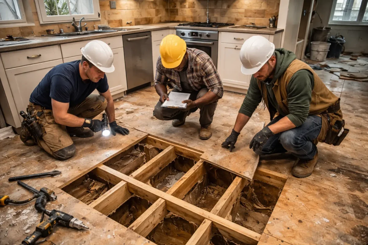 Workers inspecting subfloor during kitchen floor installation process in a residential kitchen renovation