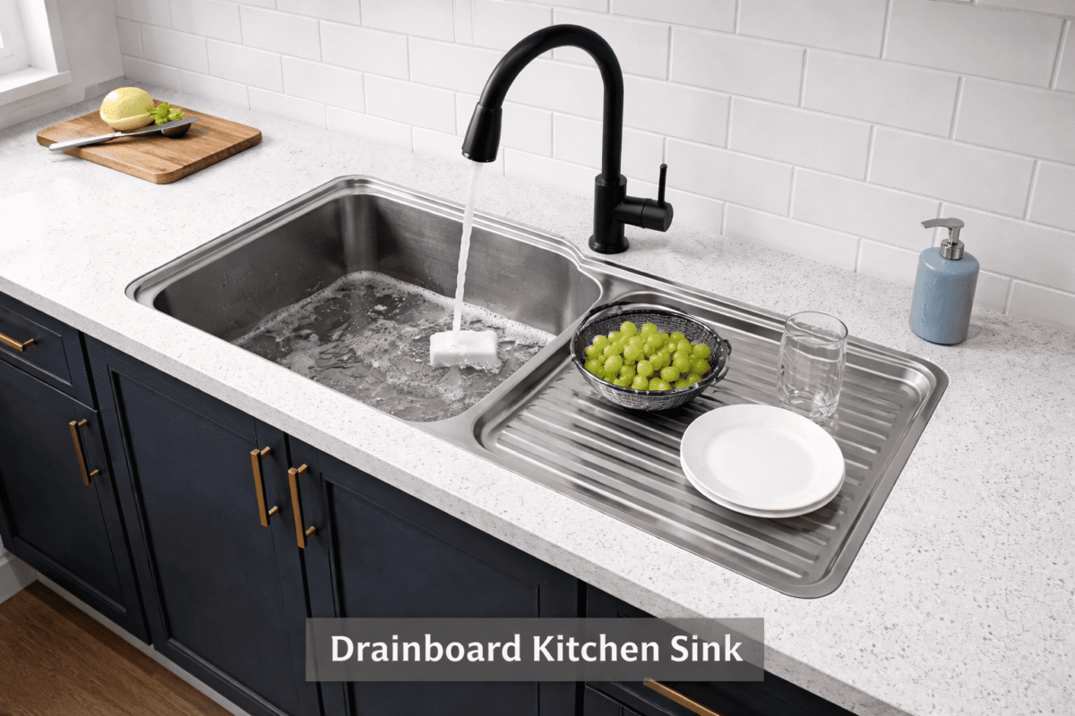 Drainboard kitchen sink design with built in drying area and modern faucet in contemporary kitchen