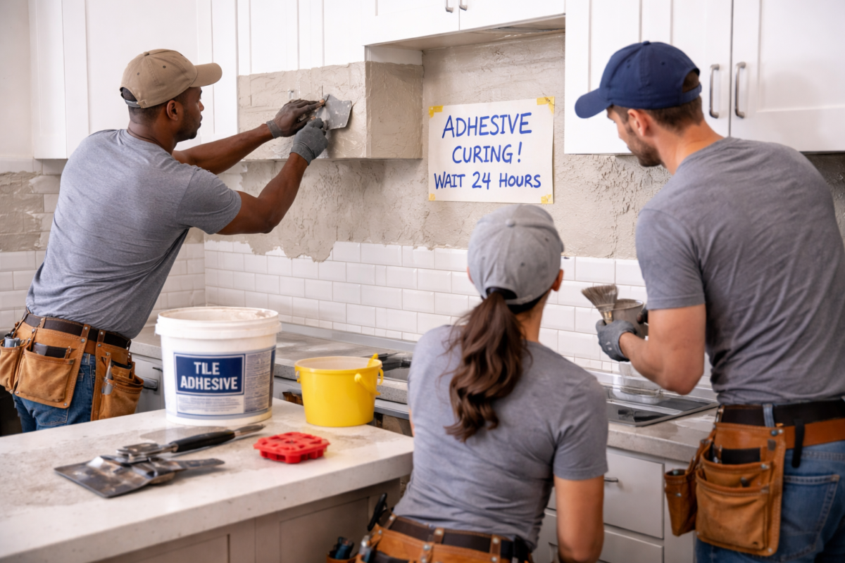 Workers applying adhesive and allowing it to cure for kitchen tile backsplash installation in a modern kitchen