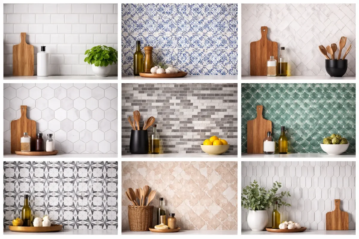 Different kitchen tile backsplash design types including subway, hexagon, patterned, and mosaic styles in one frame