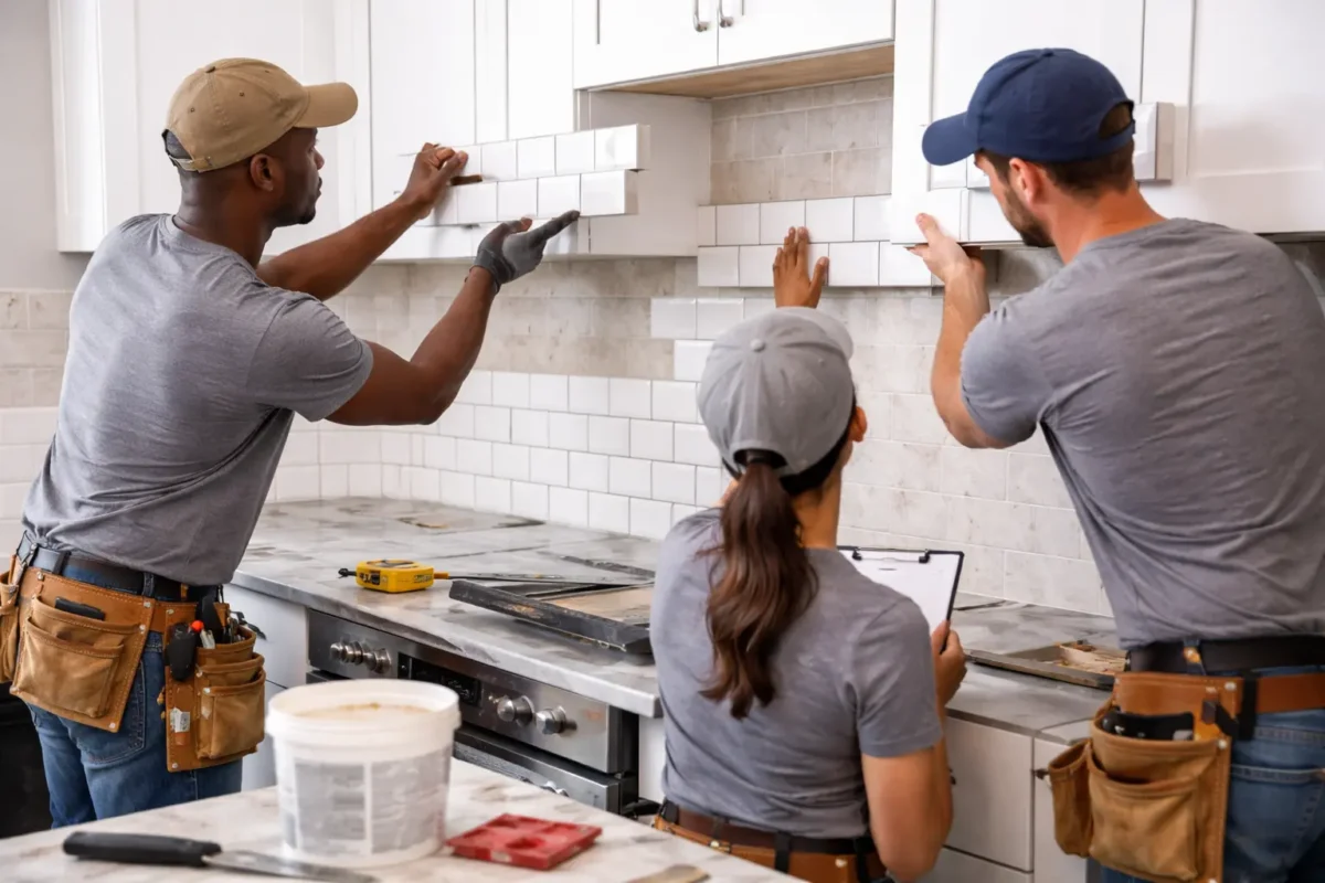 Workers planning kitchen tile backsplash layout by dry-fitting tiles before installation in a modern kitchen