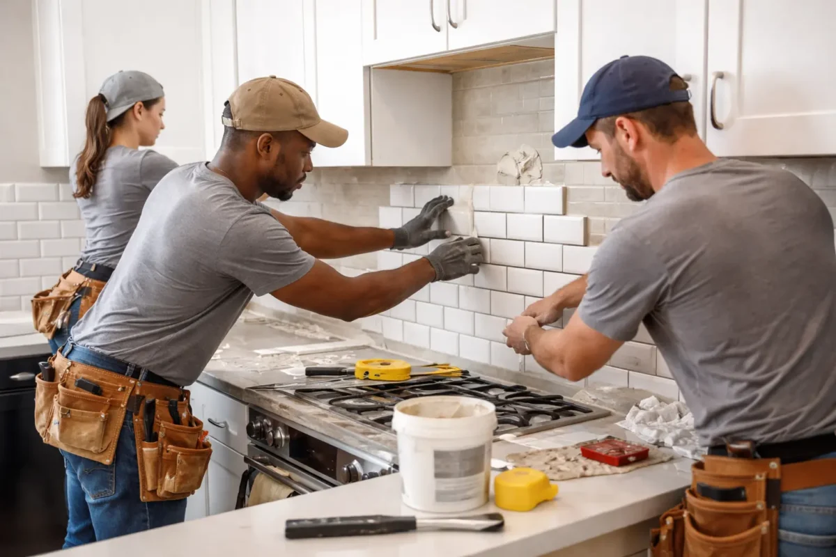 Workers installing a modern kitchen tile backsplash with white subway tiles in a residential kitchen