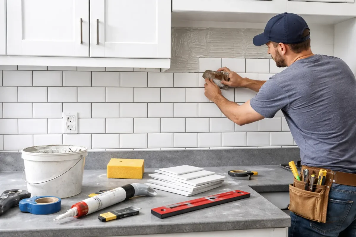 Kitchen Tile Backsplash repairing project with handyman installing white tiles in modern kitchen