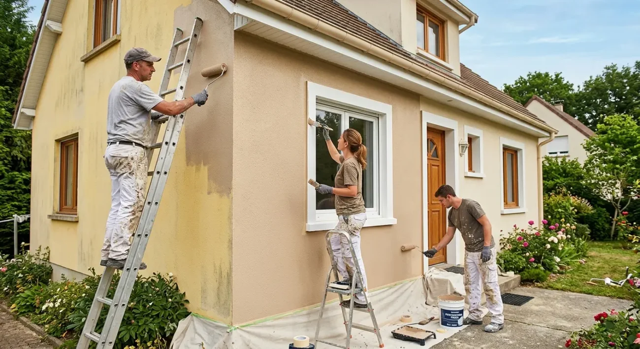 Professional painters painting exterior house walls during residential wall painting project