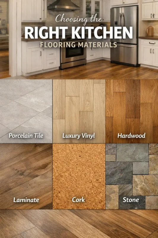 Right kitchen flooring materials guide showing porcelain tile, luxury vinyl, hardwood, laminate, cork, and stone for kitchen floor installation