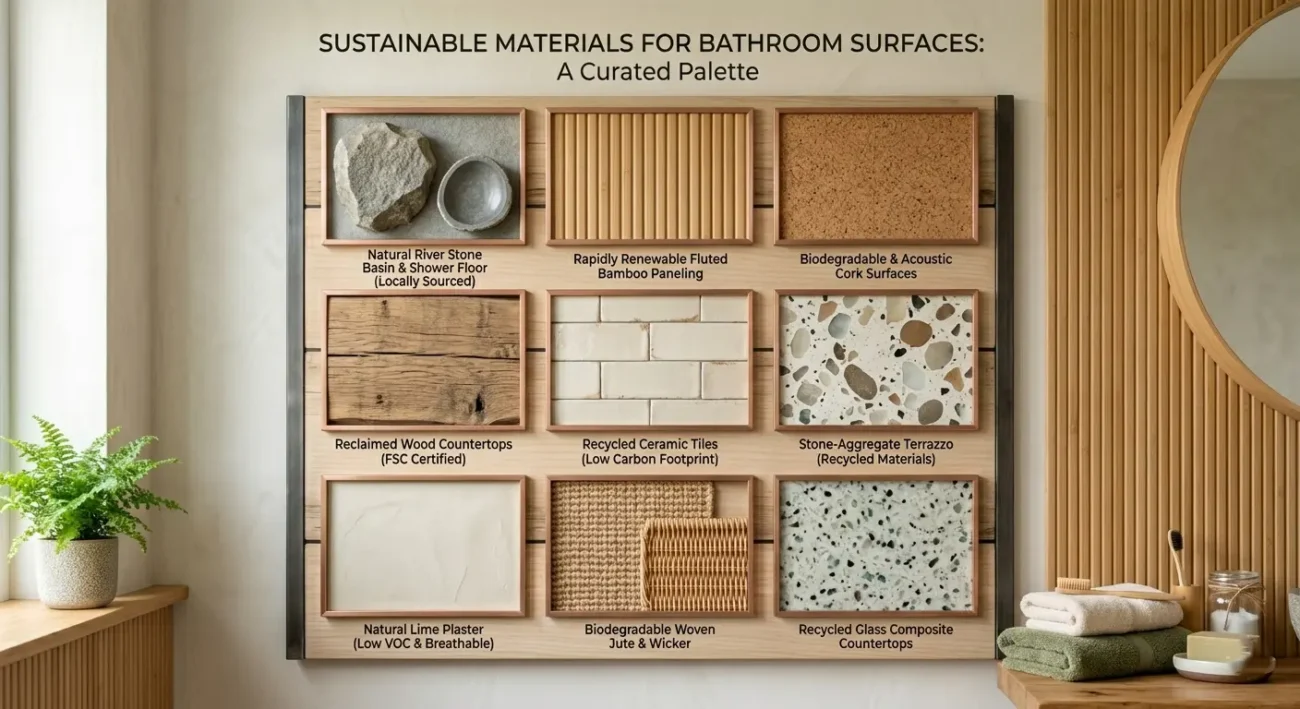 Display of sustainable bathroom materials including bamboo panels, reclaimed wood, recycled tiles, cork, terrazzo, and glass for eco friendly bathroom renovation.